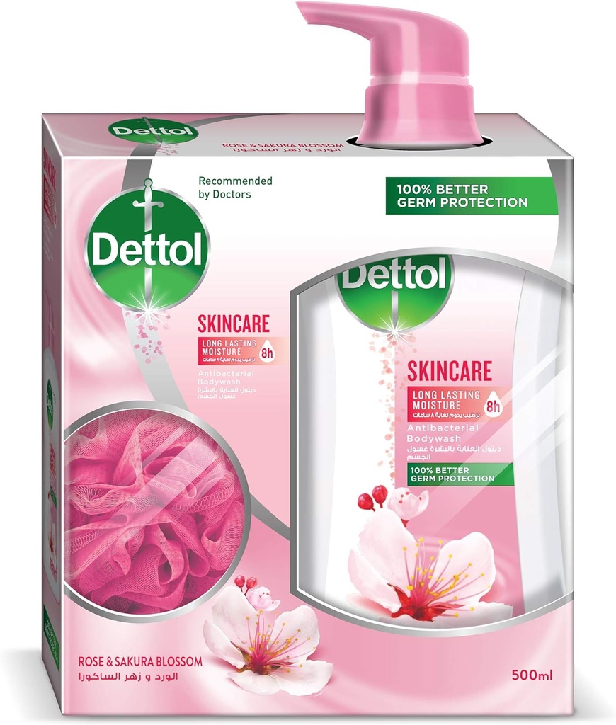 Dettol Shower Gel Skin Care 500ml with Puff