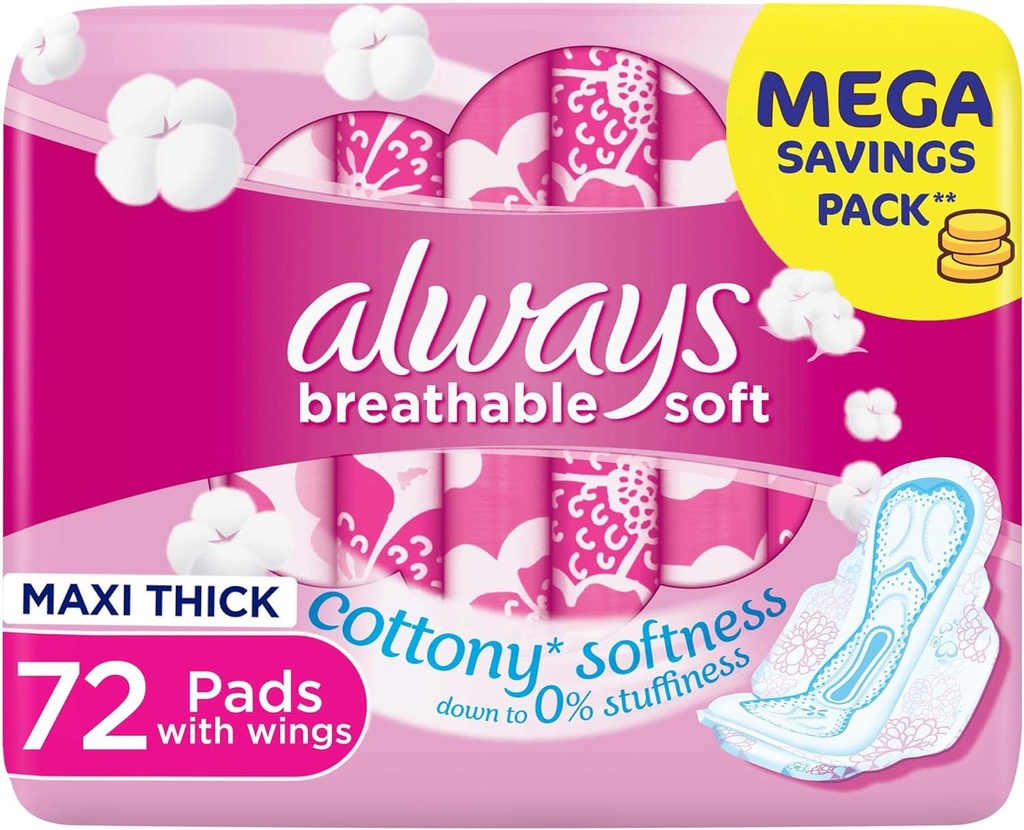 Always Pink Cotton Sanitary Pads, 72 Pads